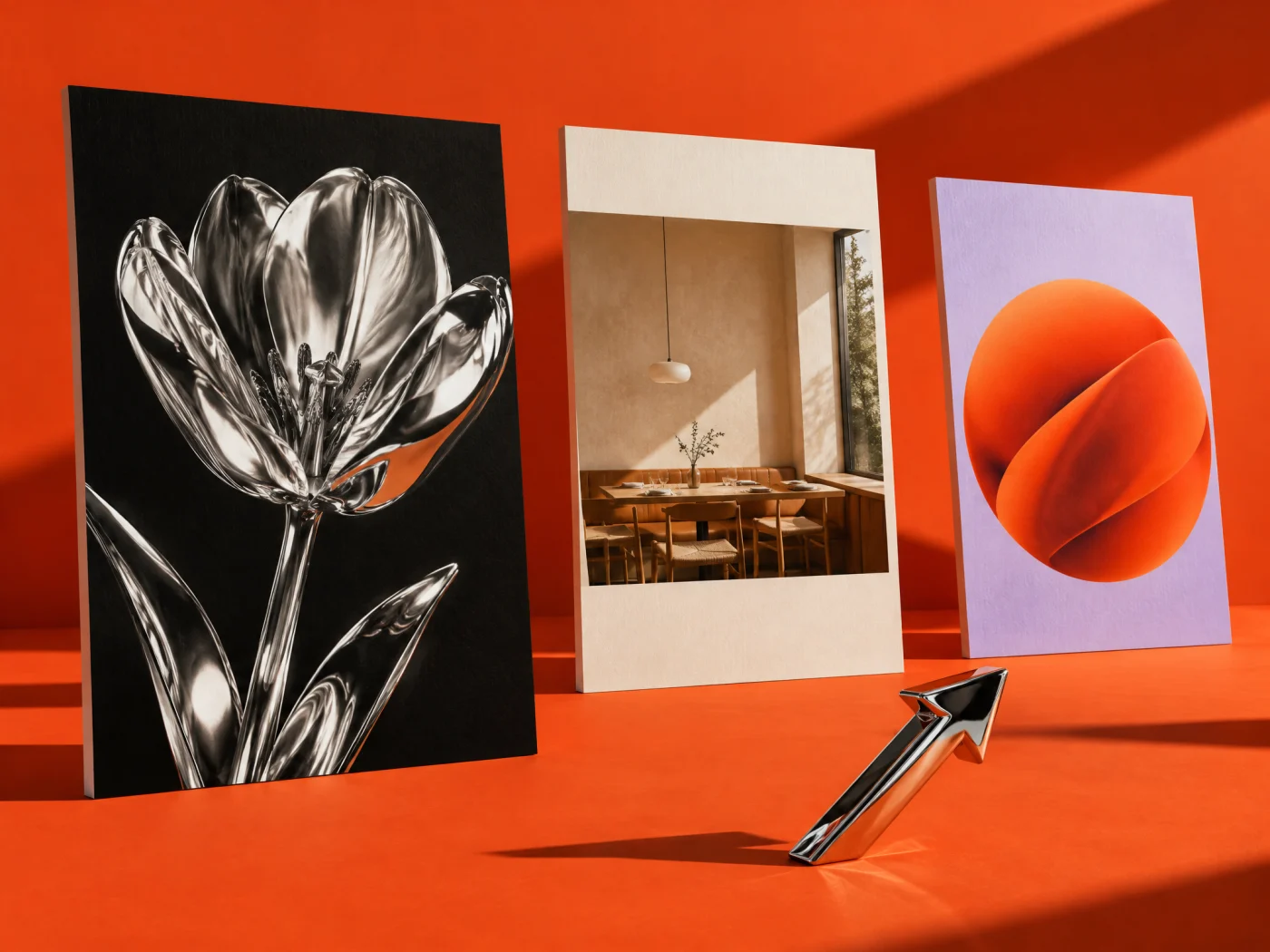 Poster editoriali su un set arancio: concept campagne pubblicitarie