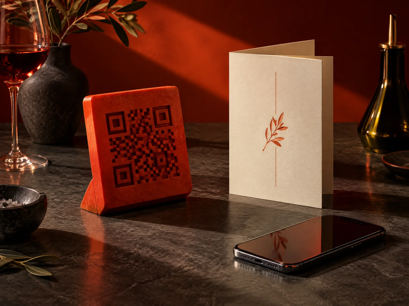 Espositore arancio e smartphone su un tavolo in travertino: concept QR adattivo — visual alternativo