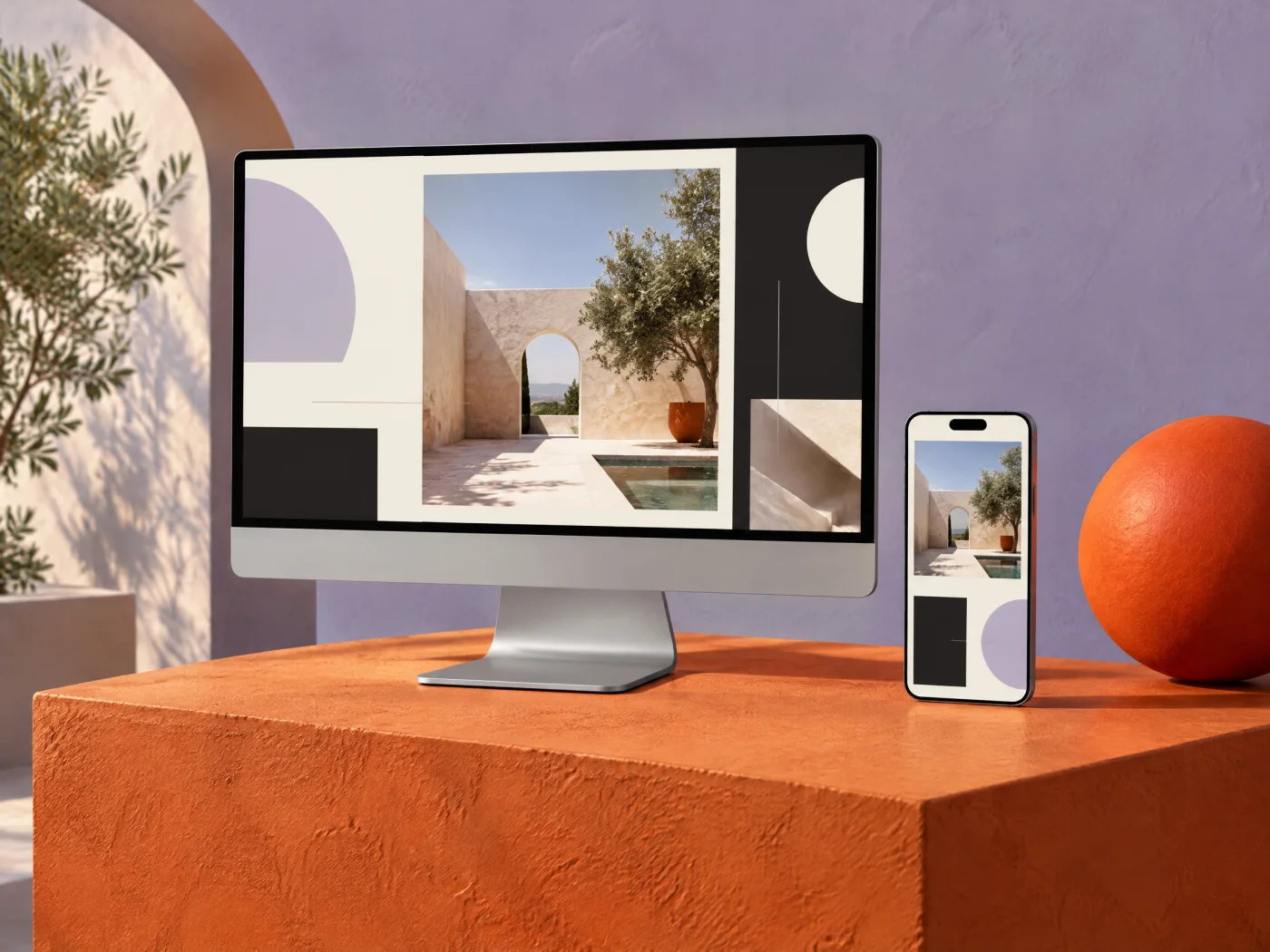 Monitor e smartphone su un set lavanda: concept web design — visual alternativo
