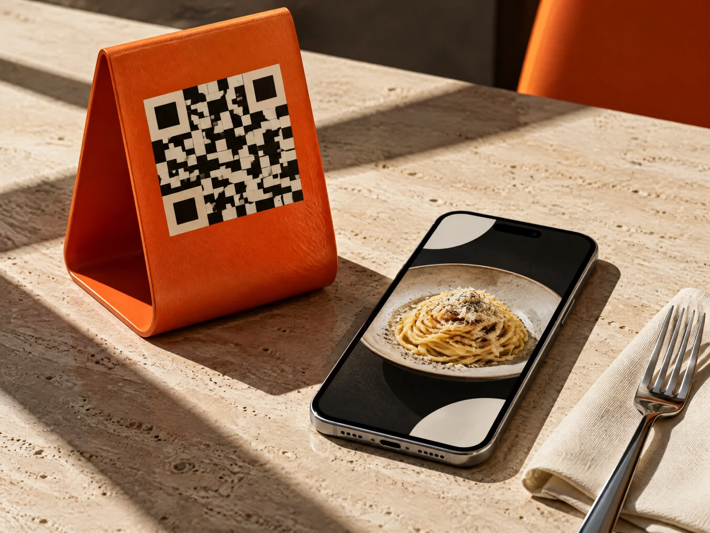 Espositore arancio e smartphone su un tavolo in travertino: concept QR adattivo