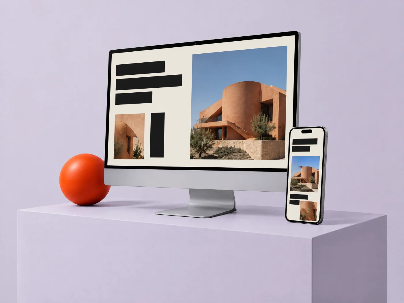 Monitor e smartphone su un set lavanda: concept web design
